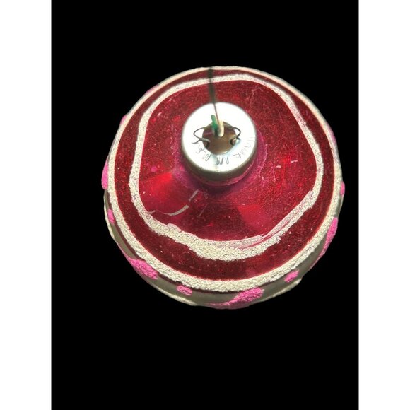 Vtg Red Shiny Brite Hand Painted w Pink White Glitter Glass Christmas Ornament - Picture 3 of 8
